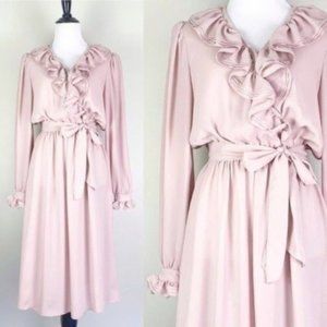 Vintage 70s Dress Sheer Dusty Pale Pink Ruffle Neck Long Sleeve Surplice Medium